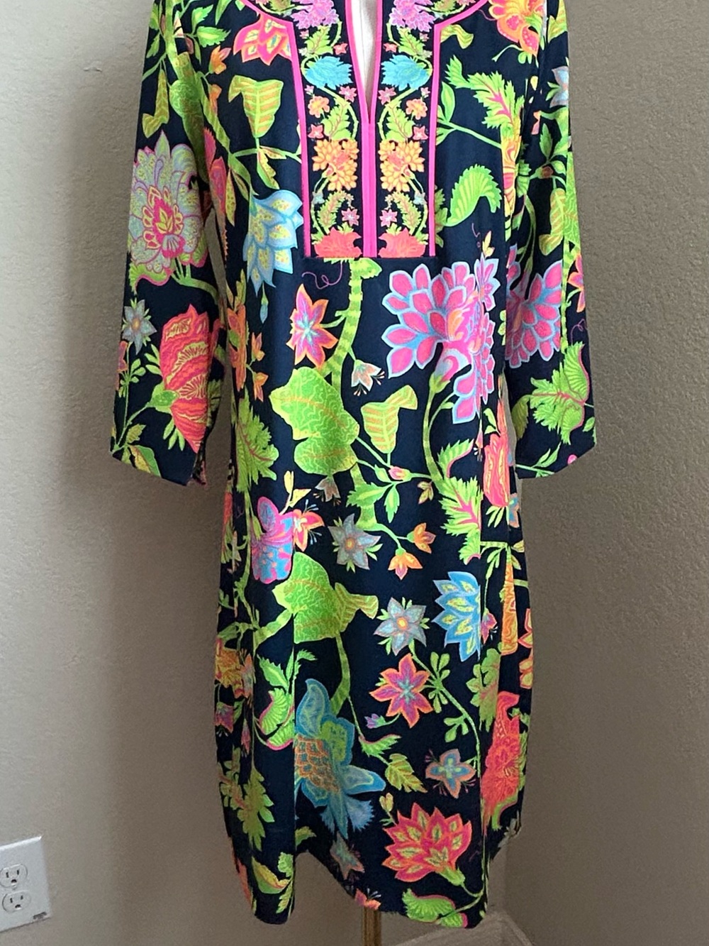 Gretchen Scott Designs Navy Dress with Neon Floral Print